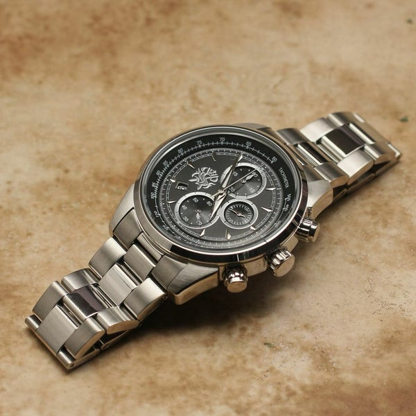 レザーブランドS'FACTORY クロノグラフ腕時計 ブラック×シルバー メンズ アクセサリー リストウォッチ