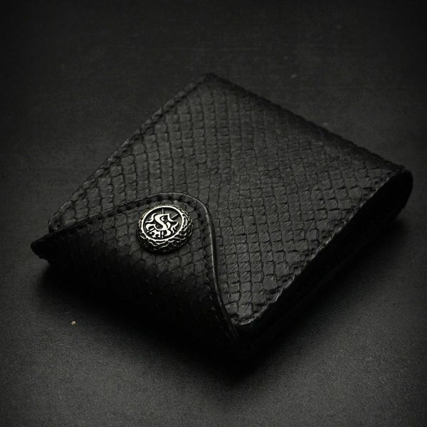 レザーブランドS'FACTORY フラップ ショート ウォレット ブラックパイソン（ヘビ革） メンズ革財布