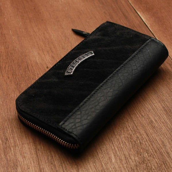 レザーブランドS'FACTORY L字ファスナー ロングウォレット ブラックエレファント（ゾウ革）メンズ革財布