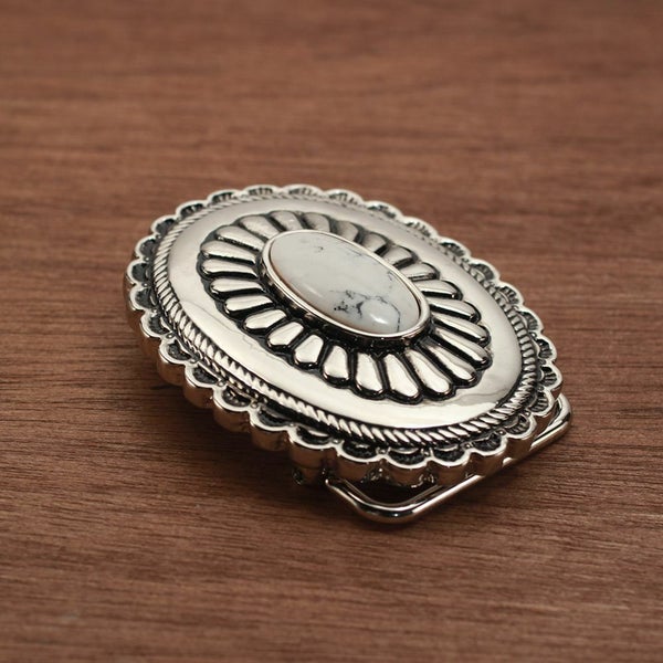 メンズ レザーブランドSALE サーマル菊型 バックル ターコイズホワイト 亜鉛合金