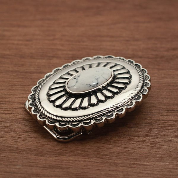 メンズ レザーブランドSALE サーマル菊型 バックル ターコイズホワイト 亜鉛合金