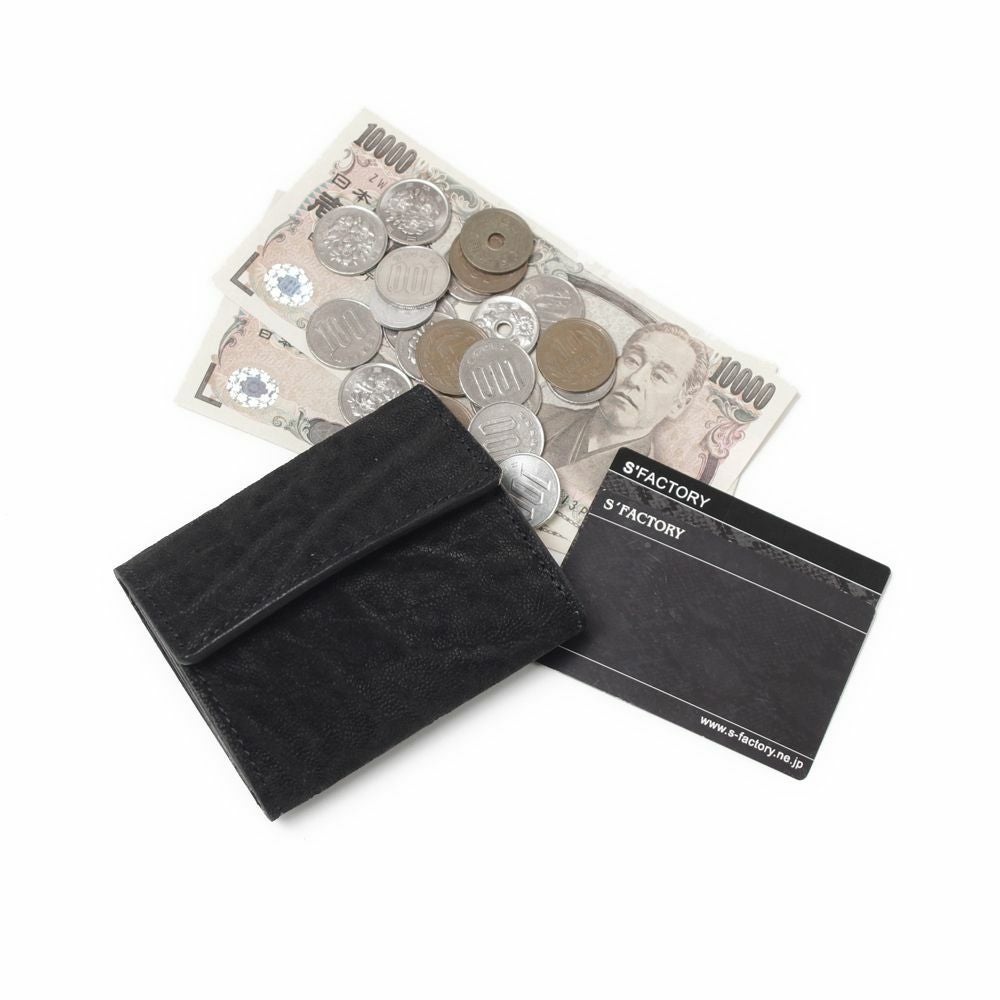 S’FACTORY レザー ブラック ミニ財布 未使用品 三つ折りミニウォレット ブラックエレファント（ゾウ革）│メンズ革