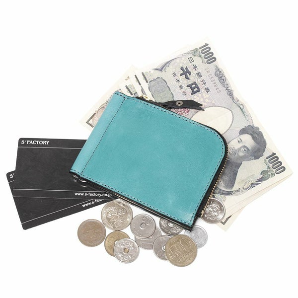 レザーブランドS'FACTORY L字ファスナー マネークリップ コインケース付き ポニー ターコイズブルー
