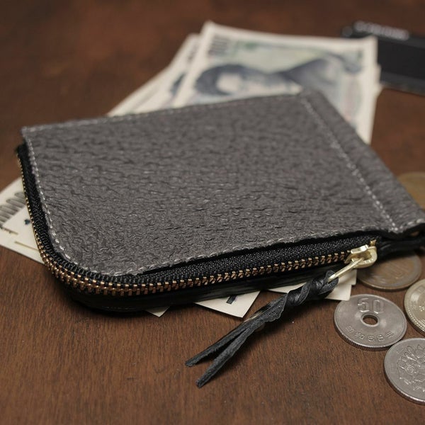 レザーブランドS'FACTORY L字ファスナー マネークリップ コインケース付き シャーク グレー（サメ革）