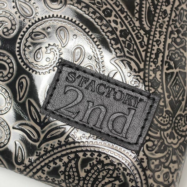 Lサイズポーチ ブラックベージュ ペイズリー柄 カウレザー（牛革）