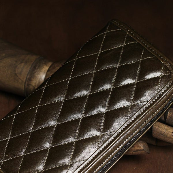 キルティング ファスナーロングウォレット オリーブ イタリアンレザー