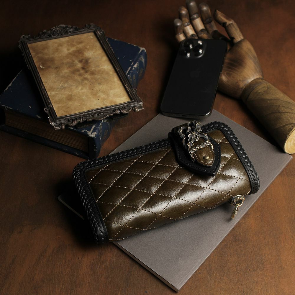 キルティング バイカーズウォレット オリーブ イタリアンレザー（牛革）